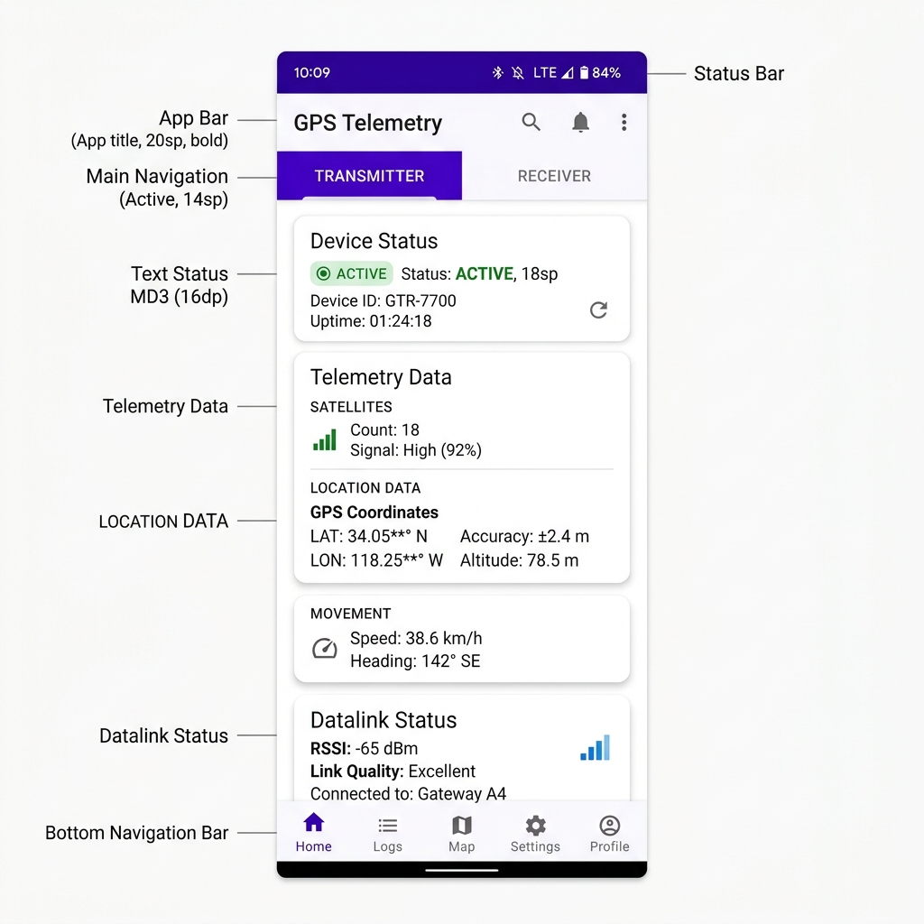 EXOS GPS Android app showing Transmitter mode with Bluetooth device selection, live GPS coordinates, satellite count, and connection status cards in Material Design 3