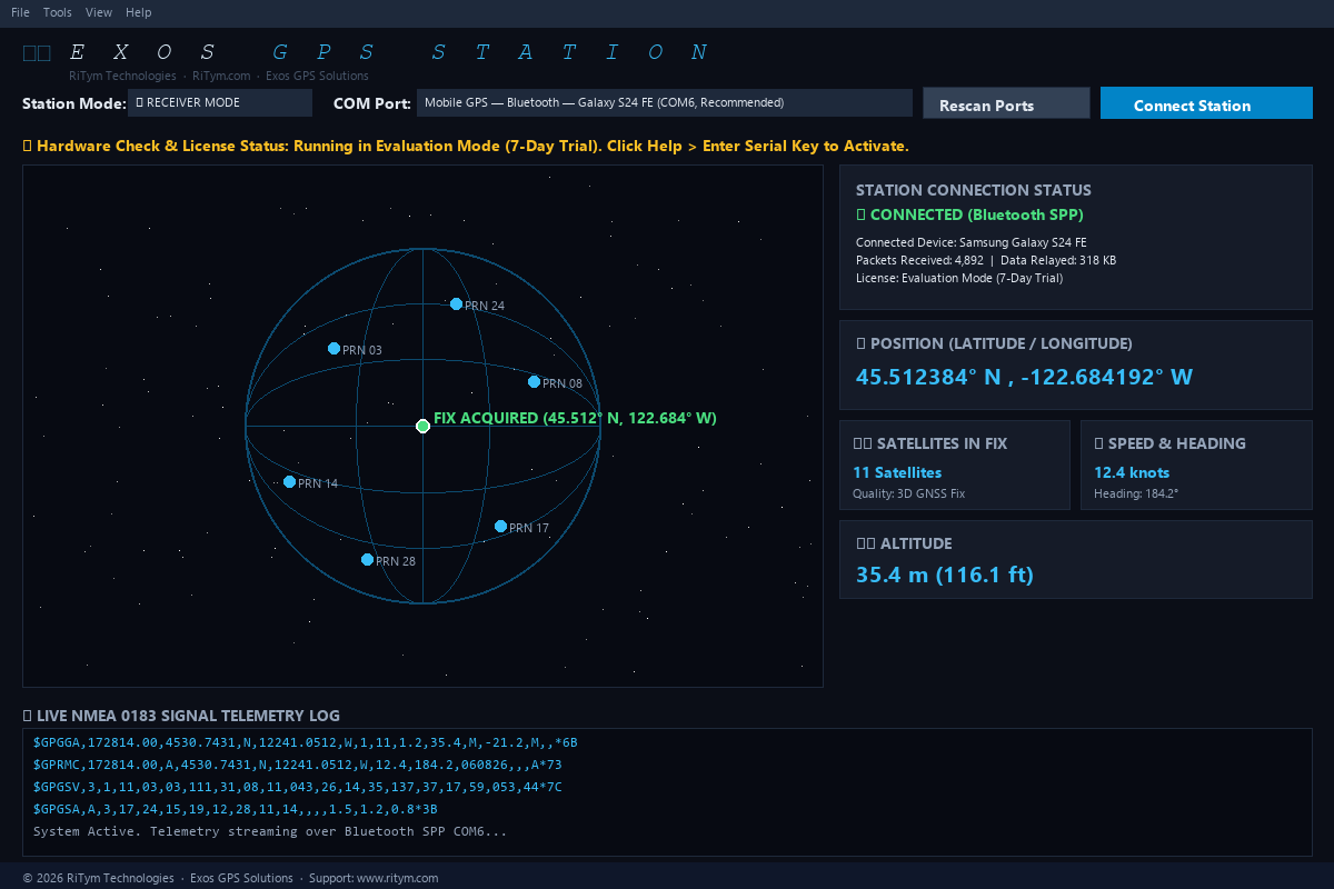 EXOS GPS Station — Windows Desktop Command Center showing live satellite telemetry, Earth globe visualization, and NMEA stream logs